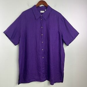Vintage Elisabeth Liz Claiborne Women Linen Button Up Sz 18 Purple Short Sleeve